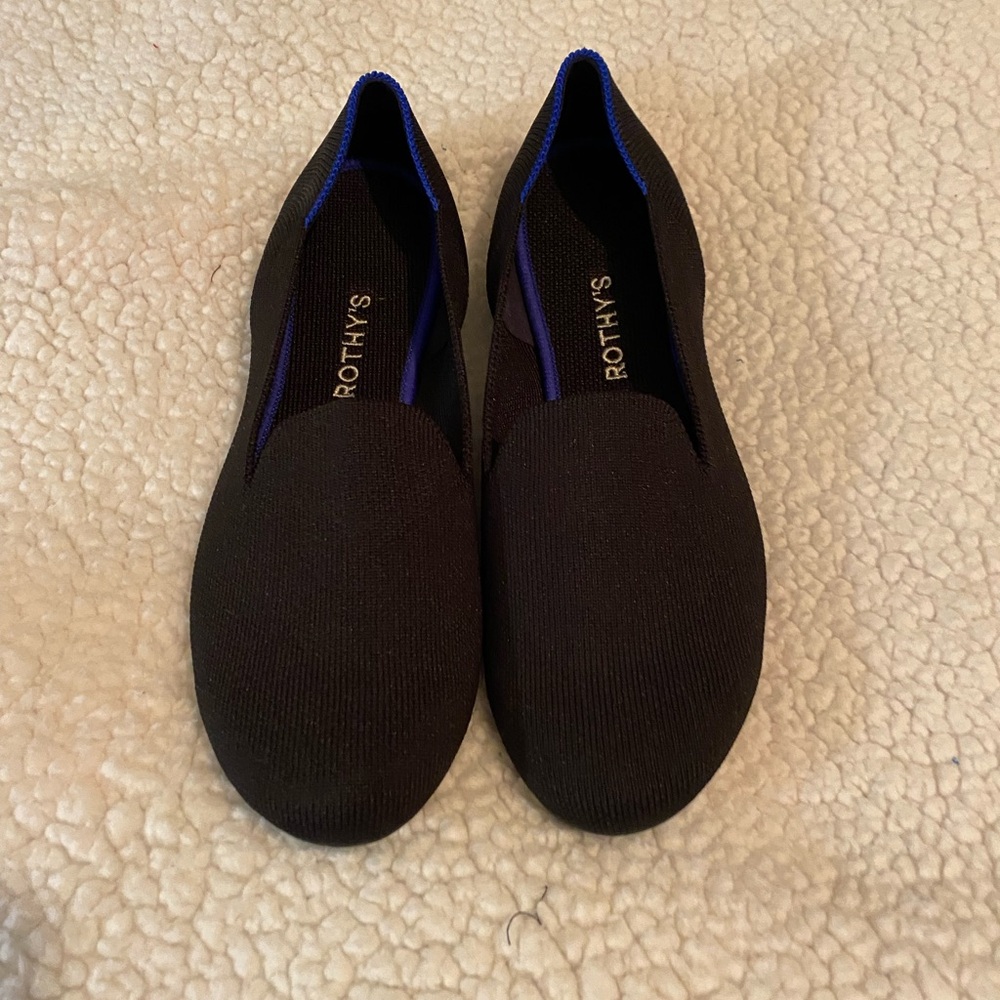 Rothy's Black Knit Slip-On Flats with Blue Trim